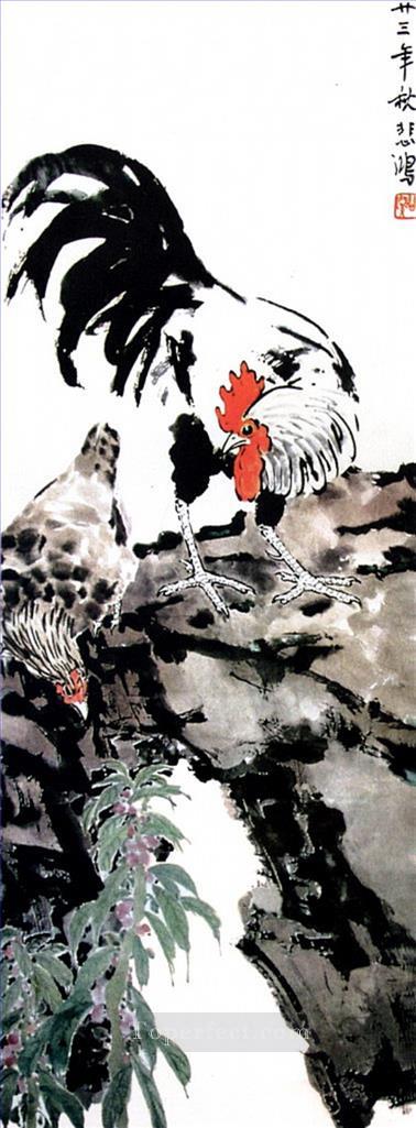 Xu Beihong コックと雌鶏の古い中国人油絵